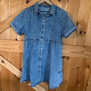 Denim Babydoll Dress Blue Acid Wash Tiered Button Front Boho Western Large